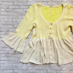 Free People Yellow and Cream Textured Knit Flare Sleeve Sweater